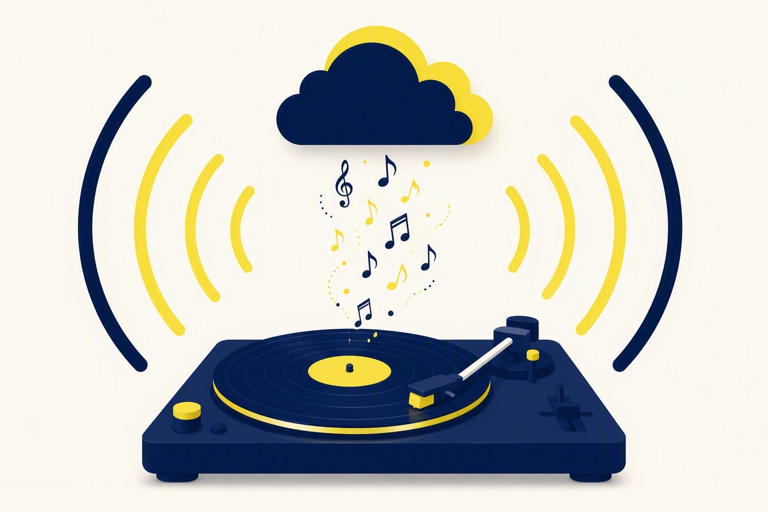 Pikaptan buluta yükselen müzik notaları — 7/24 müzik yayını